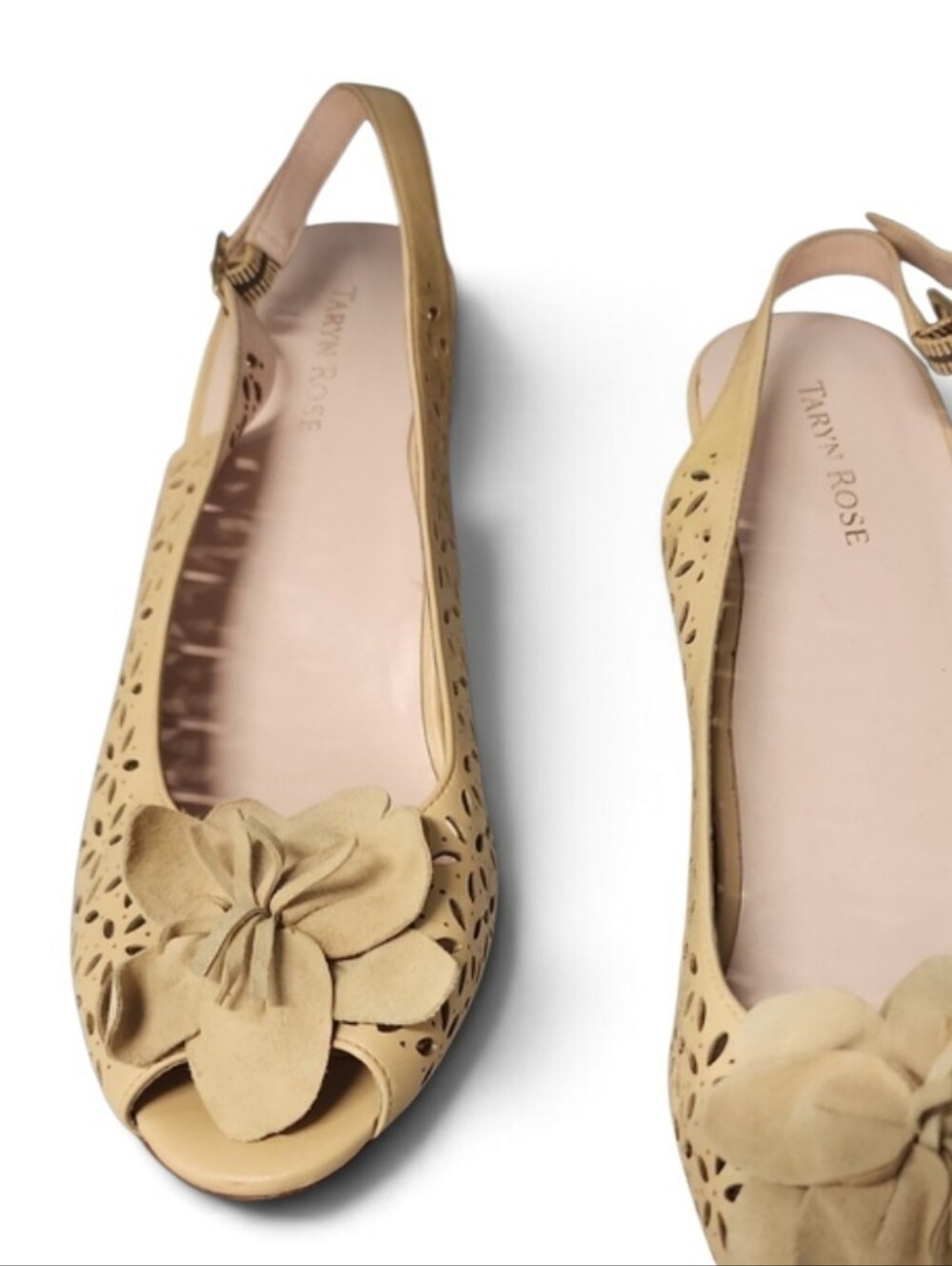 Taryn Rose Slingback Leather Suede Peep-Toe Pumps Floral Appliqué Size 10..5